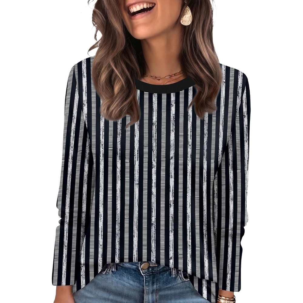 image:imageWIHOLL Womens Striped Long Sleeve Shirts Fall Outfits 2026 Color Block Tops Fashion Clothing Ribbed Crewneck Tee BlousesHblack Stripes