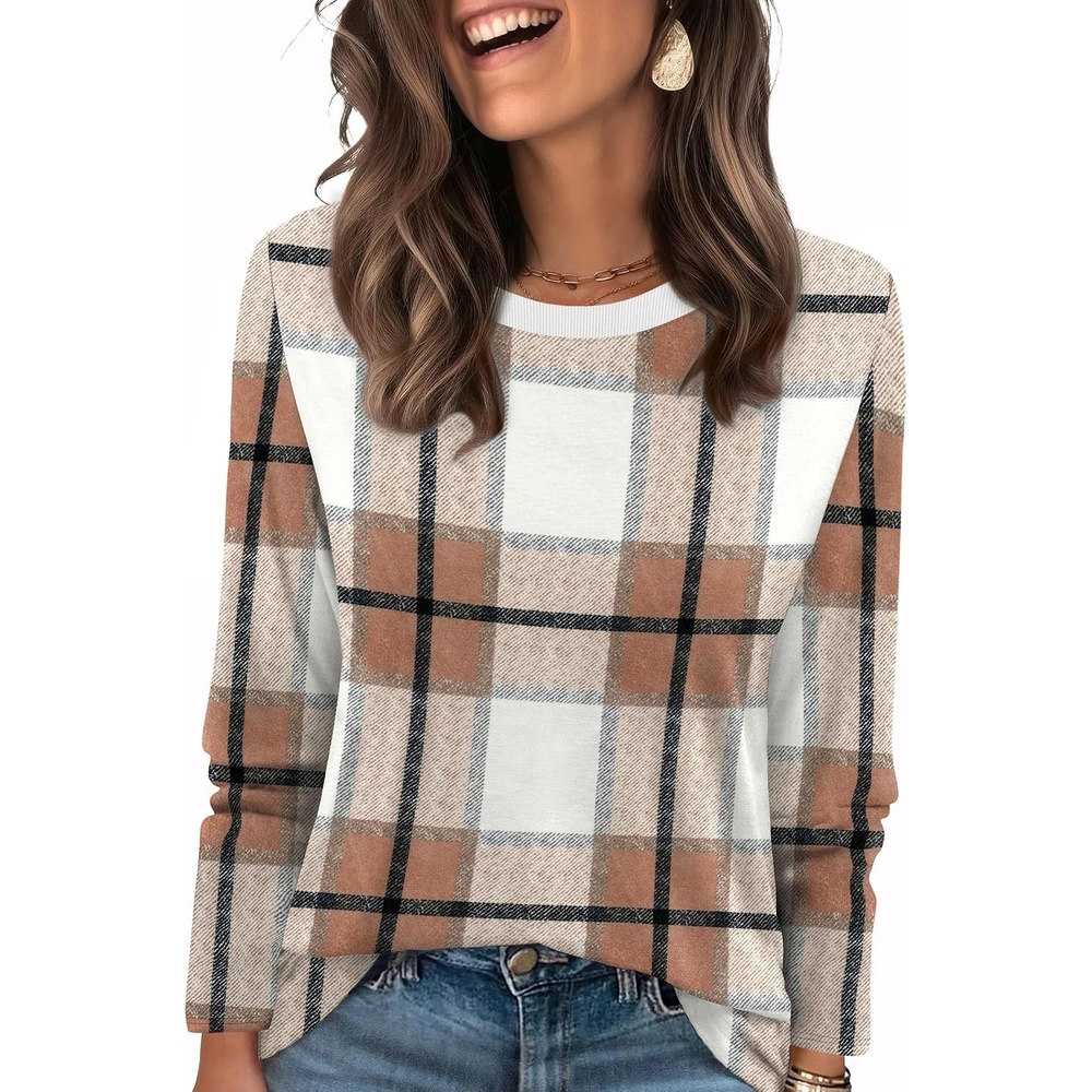 image:imageWIHOLL Womens Striped Long Sleeve Shirts Fall Outfits 2026 Color Block Tops Fashion Clothing Ribbed Crewneck Tee BlousesHbrown Plaid