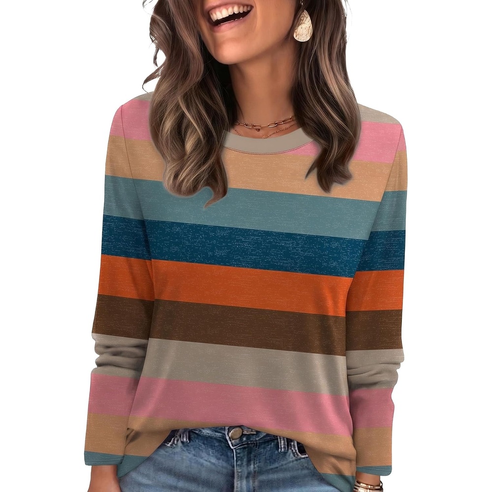 image:imageWIHOLL Womens Striped Long Sleeve Shirts Fall Outfits 2026 Color Block Tops Fashion Clothing Ribbed Crewneck Tee BlousesHcolorful Stripe