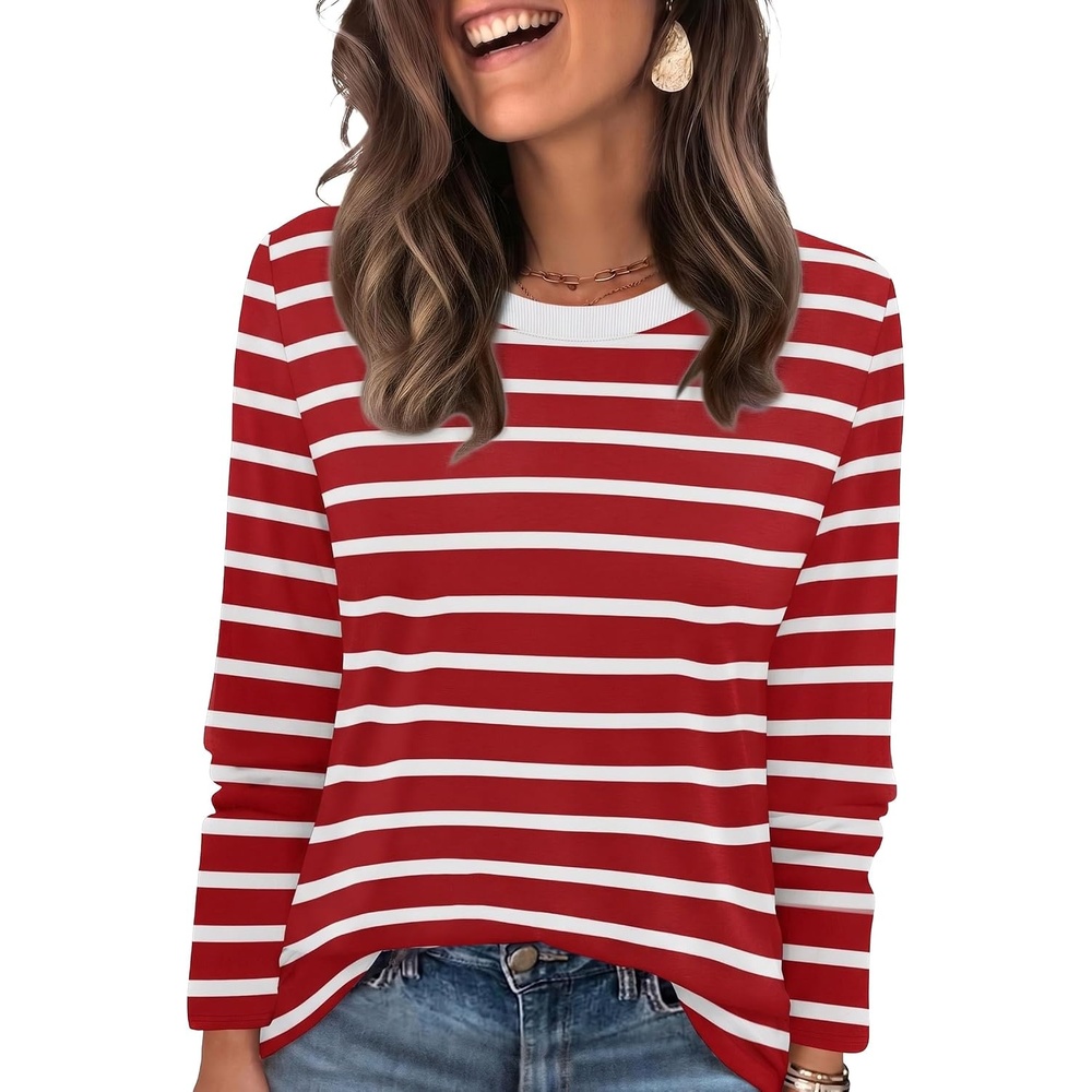 image:imageWIHOLL Womens Striped Long Sleeve Shirts Fall Outfits 2026 Color Block Tops Fashion Clothing Ribbed Crewneck Tee BlousesHred Stripes