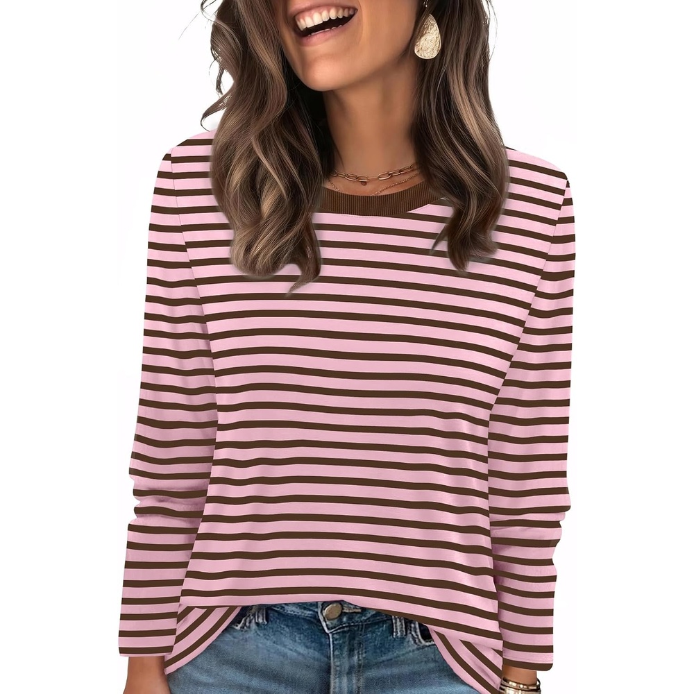image:imageWIHOLL Womens Striped Long Sleeve Shirts Fall Outfits 2026 Color Block Tops Fashion Clothing Ribbed Crewneck Tee BlousesHrusty Rose Stripe