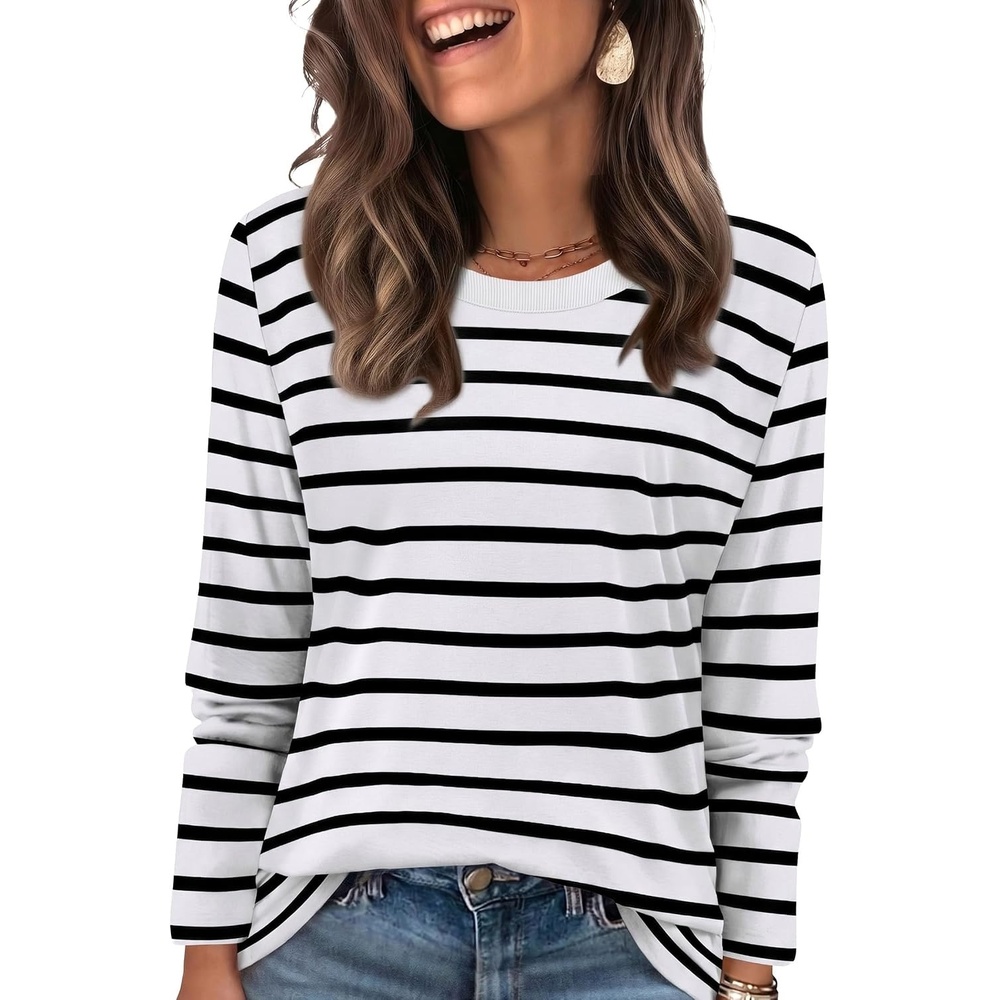 image:imageWIHOLL Womens Striped Long Sleeve Shirts Fall Outfits 2026 Color Block Tops Fashion Clothing Ribbed Crewneck Tee BlousesHwhite Stripes
