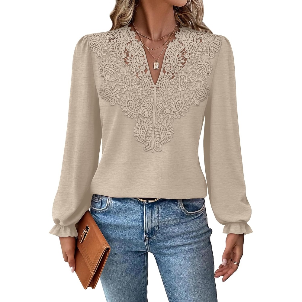 image:imageWIHOLL Womens Tops Lace Long Sleeve Tops for Women Boho V Neck Blouses01  Apricot