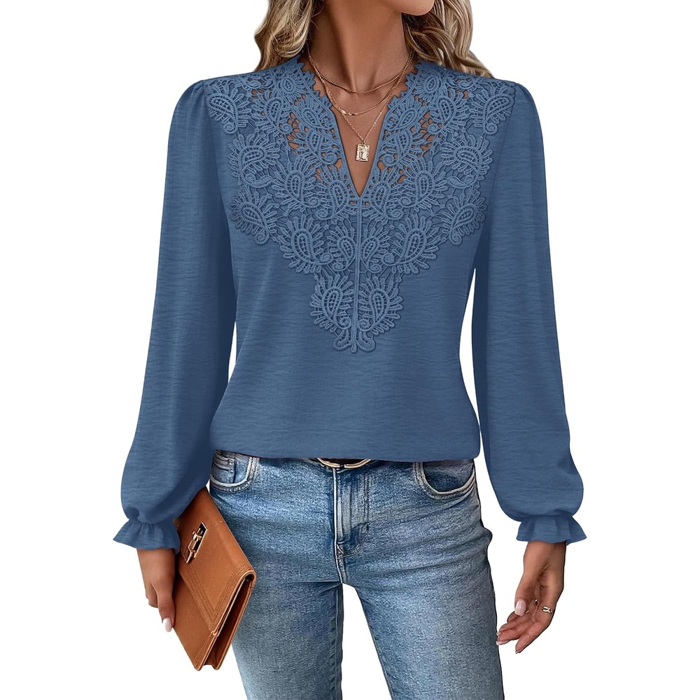 image:imageWIHOLL Womens Tops Lace Long Sleeve Tops for Women Boho V Neck Blouses01  Blue