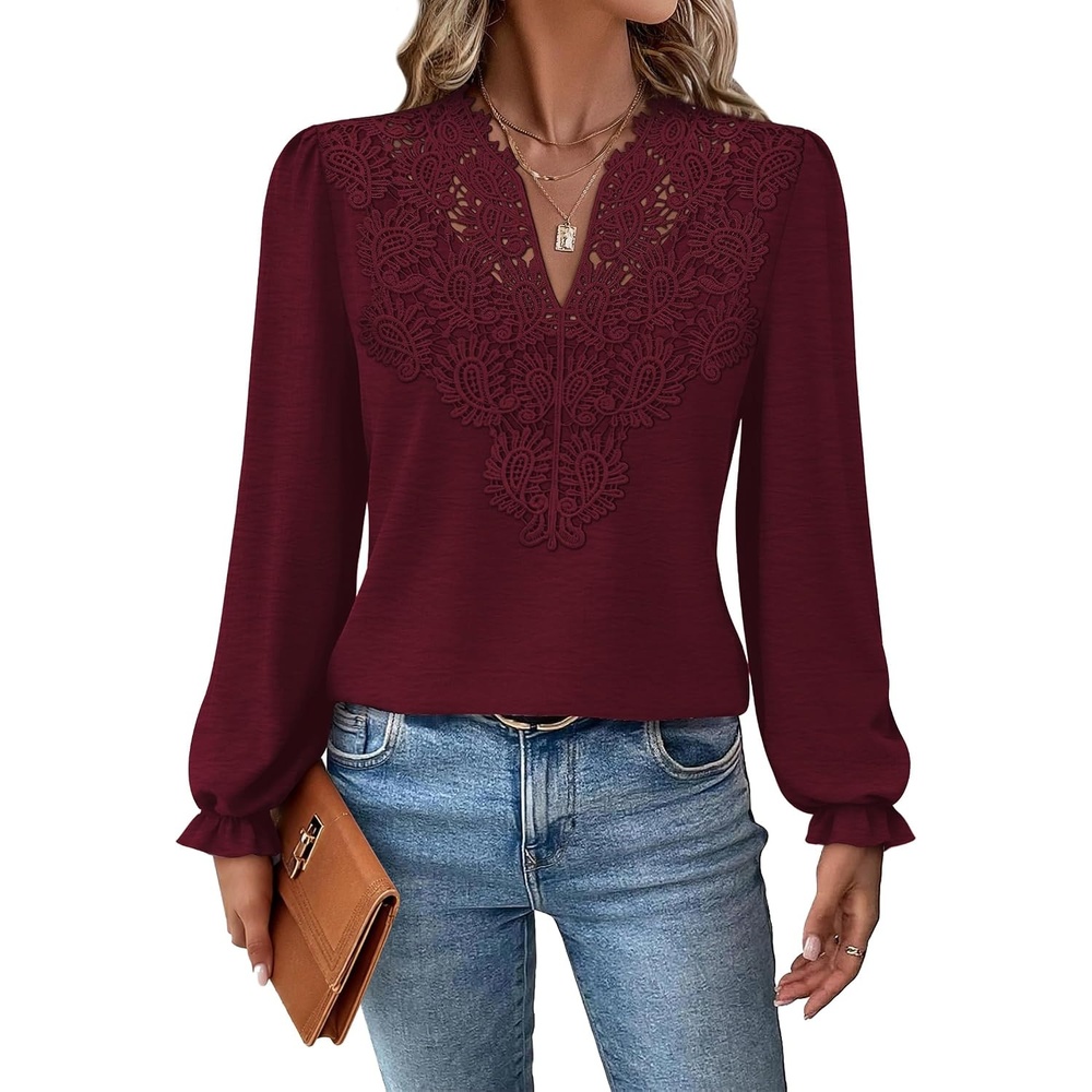 image:imageWIHOLL Womens Tops Lace Long Sleeve Tops for Women Boho V Neck Blouses01  Burgundy