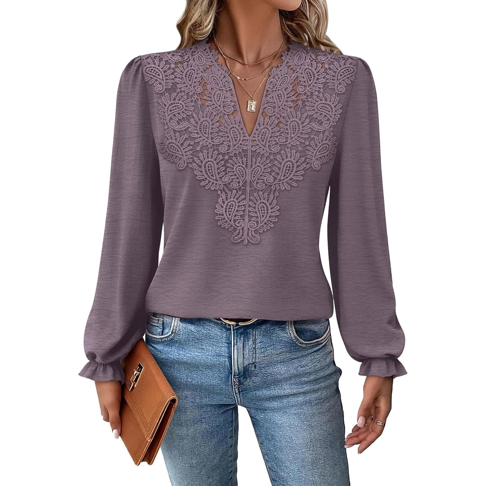 image:imageWIHOLL Womens Tops Lace Long Sleeve Tops for Women Boho V Neck Blouses01  Mocha Grey Purple