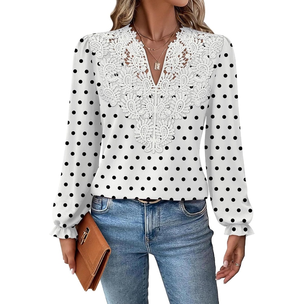 image:imageWIHOLL Womens Tops Lace Long Sleeve Tops for Women Boho V Neck Blouses02  Black Polka Dot