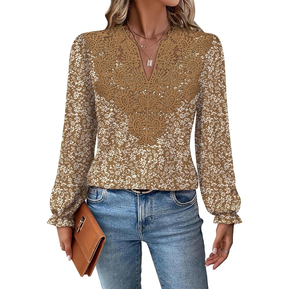 image:imageWIHOLL Womens Tops Lace Long Sleeve Tops for Women Boho V Neck Blouses02  Khaki Floral
