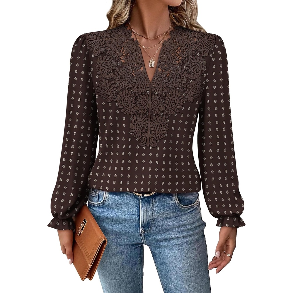 image:imageWIHOLL Womens Tops Lace Long Sleeve Tops for Women Boho V Neck Blouses02  Paisley Print