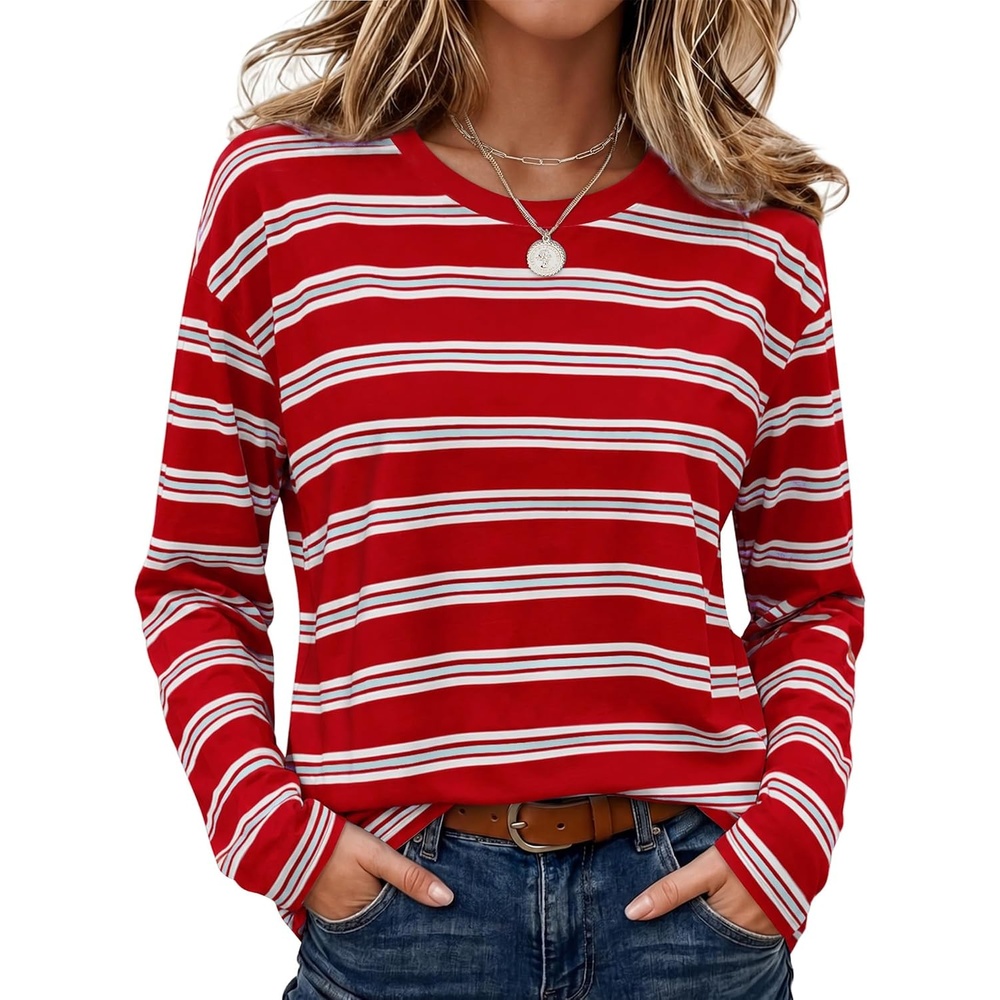 image:imageWiholl Long Sleeve Shirts for Women Stripe Tops Loose Oversized Fall OutfitRed White