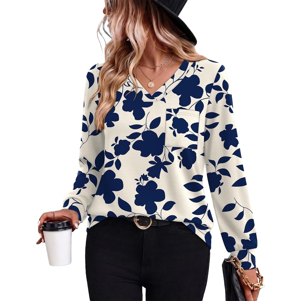 image:imageWiholl V Neck Long Sleeve Shirts Womens Tops Dressy Casual Fall OutfitsApricot Blue Floral