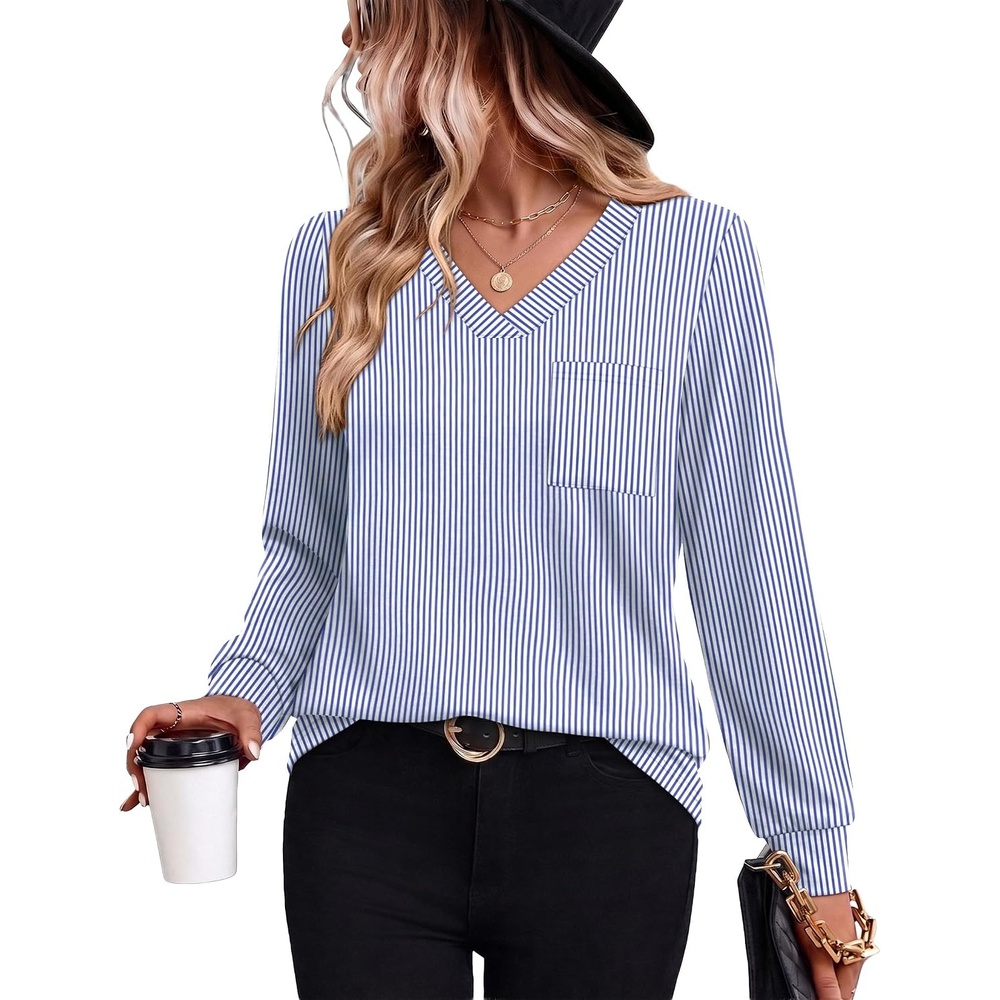 image:imageWiholl V Neck Long Sleeve Shirts Womens Tops Dressy Casual Fall OutfitsBlue White Stripe