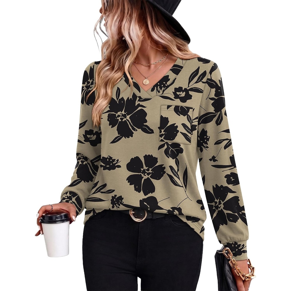 image:imageWiholl V Neck Long Sleeve Shirts Womens Tops Dressy Casual Fall OutfitsBrown Black Floral