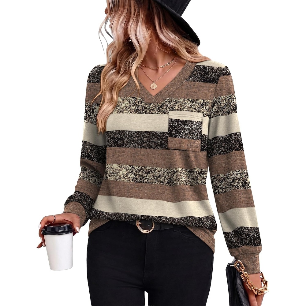 image:imageWiholl V Neck Long Sleeve Shirts Womens Tops Dressy Casual Fall OutfitsBrown Stripe