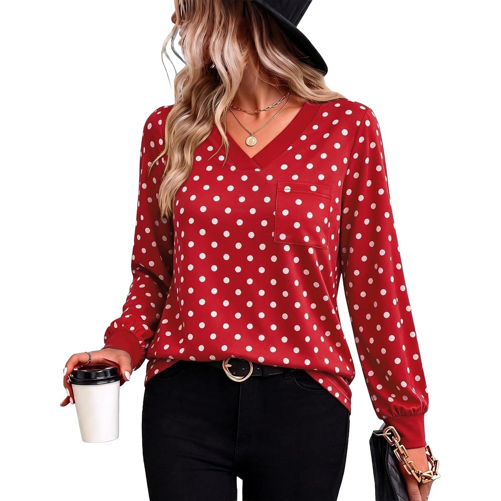 image:imageWiholl V Neck Long Sleeve Shirts Womens Tops Dressy Casual Fall OutfitsRed Polka Dot