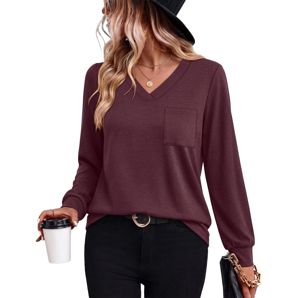 image:imageWiholl V Neck Long Sleeve Shirts Womens Tops Dressy Casual Fall OutfitsWine Red
