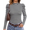 WIHOLL Long Sleeve Shirt for Women Puff Sleeve Knit Tops Casual 2026(Black and White Stripes)