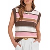 WIHOLL Tank Tops for Women Summer Lightweight Sweater Fashion Clothing Crew Neck T Shirts Cap Sleeve Business Casual Outfit(Brown Pink Stripes)