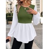 WIHOLL Women’s Long Sleeve Tunic Tops Crew Neck Babydoll Peplum Blouses Fall Fashion 2026(Army Green White)