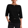 WIHOLL Women’s Off the Shoulder Sweater Boat Neck 3/4 Sleeve Pullover Knit Tops(Black)