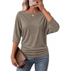 WIHOLL Women’s Off the Shoulder Sweater Boat Neck 3/4 Sleeve Pullover Knit Tops(Brown)