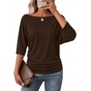 WIHOLL Women’s Off the Shoulder Sweater Boat Neck 3/4 Sleeve Pullover Knit Tops(Coffee)