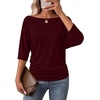 WIHOLL Women’s Off the Shoulder Sweater Boat Neck 3/4 Sleeve Pullover Knit Tops(Purplewine)