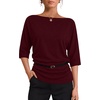 WIHOLL Women’s Off the Shoulder Sweater Boat Neck 3/4 Sleeve Pullover Knit Tops(Purplewine)