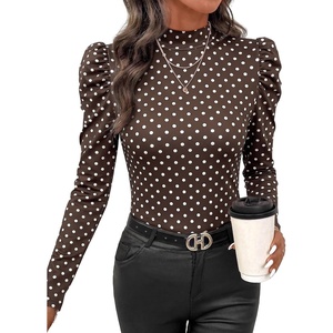 WIHOLL Long Sleeve Shirt for Women Puff Sleeve Knit Tops Casual 2026(Brown Polka Dots)