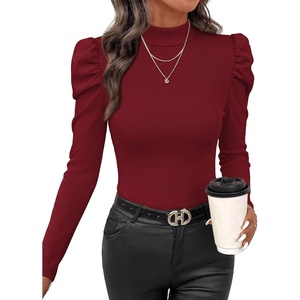 WIHOLL Long Sleeve Shirt for Women Puff Sleeve Knit Tops Casual 2026(Burgundy)