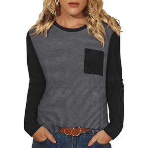 WIHOLL Long Sleeve Shirts for Women Waffle Knit Trendy Fall Fashion 2026 Dressy Casual Blouses Teacher Outfits(Color Block Grey)
