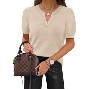 WIHOLL Short Sleeve Sweater Tops 2026 Spring Summer Trendy Knit Business Casual Essential V Neck Sweaters(02 – Apricot)