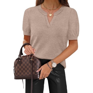WIHOLL Short Sleeve Sweater Tops 2026 Spring Summer Trendy Knit Business Casual Essential V Neck Sweaters(02 – Brown)
