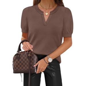 WIHOLL Short Sleeve Sweater Tops 2026 Spring Summer Trendy Knit Business Casual Essential V Neck Sweaters(02 – Coffee)