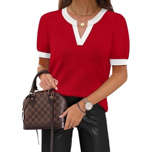 WIHOLL Short Sleeve Sweater Tops 2026 Spring Summer Trendy Knit Business Casual Essential V Neck Sweaters(04 – Red White)