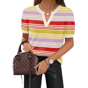 WIHOLL Short Sleeve Sweater Tops 2026 Spring Summer Trendy Knit Business Casual Essential V Neck Sweaters(05 – Stripes)