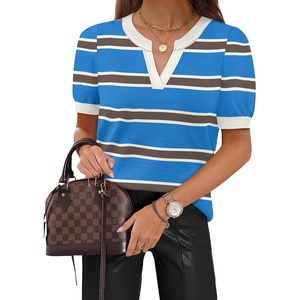 WIHOLL Short Sleeve Sweater Tops 2026 Spring Summer Trendy Knit Business Casual Essential V Neck Sweaters(07 – Stripes)