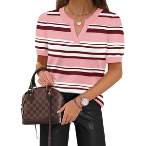 WIHOLL Short Sleeve Sweater Tops 2026 Spring Summer Trendy Knit Business Casual Essential V Neck Sweaters(08 – Stripes)