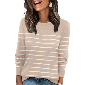 WIHOLL Sweaters for Women Lightweight Fall Tops Pullover Long Sleeve Shirts(S-apricot+white Striped)