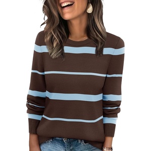 WIHOLL Sweaters for Women Lightweight Fall Tops Pullover Long Sleeve Shirts(S-chocolate Blue Striped)