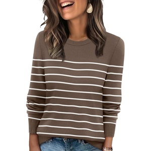 WIHOLL Sweaters for Women Lightweight Fall Tops Pullover Long Sleeve Shirts(S-chocolate Brown+white Striped)