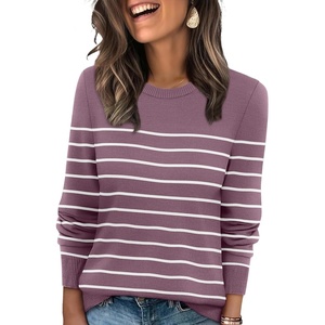 WIHOLL Sweaters for Women Lightweight Fall Tops Pullover Long Sleeve Shirts(S-grey Purple+white Striped)
