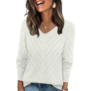 WIHOLL Sweaters for Women V Neck Casual Knit Long Sleeve Tops Lightweight Pullover Clothes Fall Fashion Outfits 2026(White)
