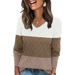 WIHOLL Sweaters for Women V Neck Casual Knit Long Sleeve Tops Lightweight Pullover Clothes Fall Fashion Outfits 2026(White Brown Khaki)