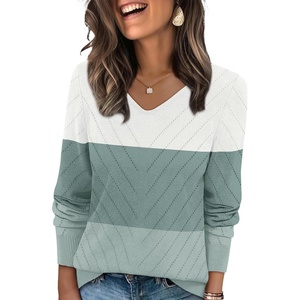 WIHOLL Sweaters for Women V Neck Casual Knit Long Sleeve Tops Lightweight Pullover Clothes Fall Fashion Outfits 2026(White Green Mint)