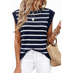 WIHOLL Tank Tops for Women Summer Lightweight Sweater Fashion Clothing Crew Neck T Shirts Cap Sleeve Business Casual Outfit(Navy White Stripes)