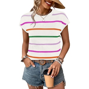 WIHOLL Womens Lightweight Sweater Spring Summer Fall Outfits Cap Sleeve Hollow Out Knit Fashion Clothing 2026(White Rainbow)