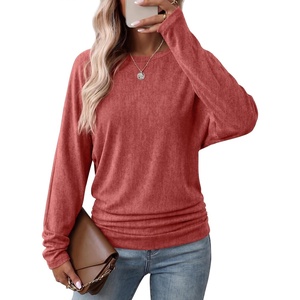 WIHOLL Womens Long Sleeve Shirts Ruched Hem Fall Tops Lightweight Sweaters(Red)