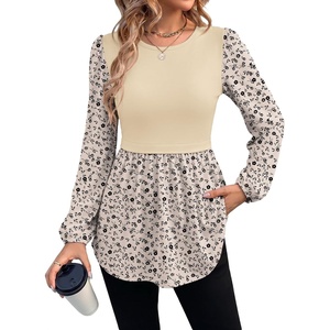 WIHOLL Women’s Long Sleeve Tunic Tops Crew Neck Babydoll Peplum Blouses Fall Fashion 2026(Apricot Floral)