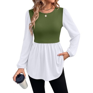 WIHOLL Women’s Long Sleeve Tunic Tops Crew Neck Babydoll Peplum Blouses Fall Fashion 2026(Army Green White)
